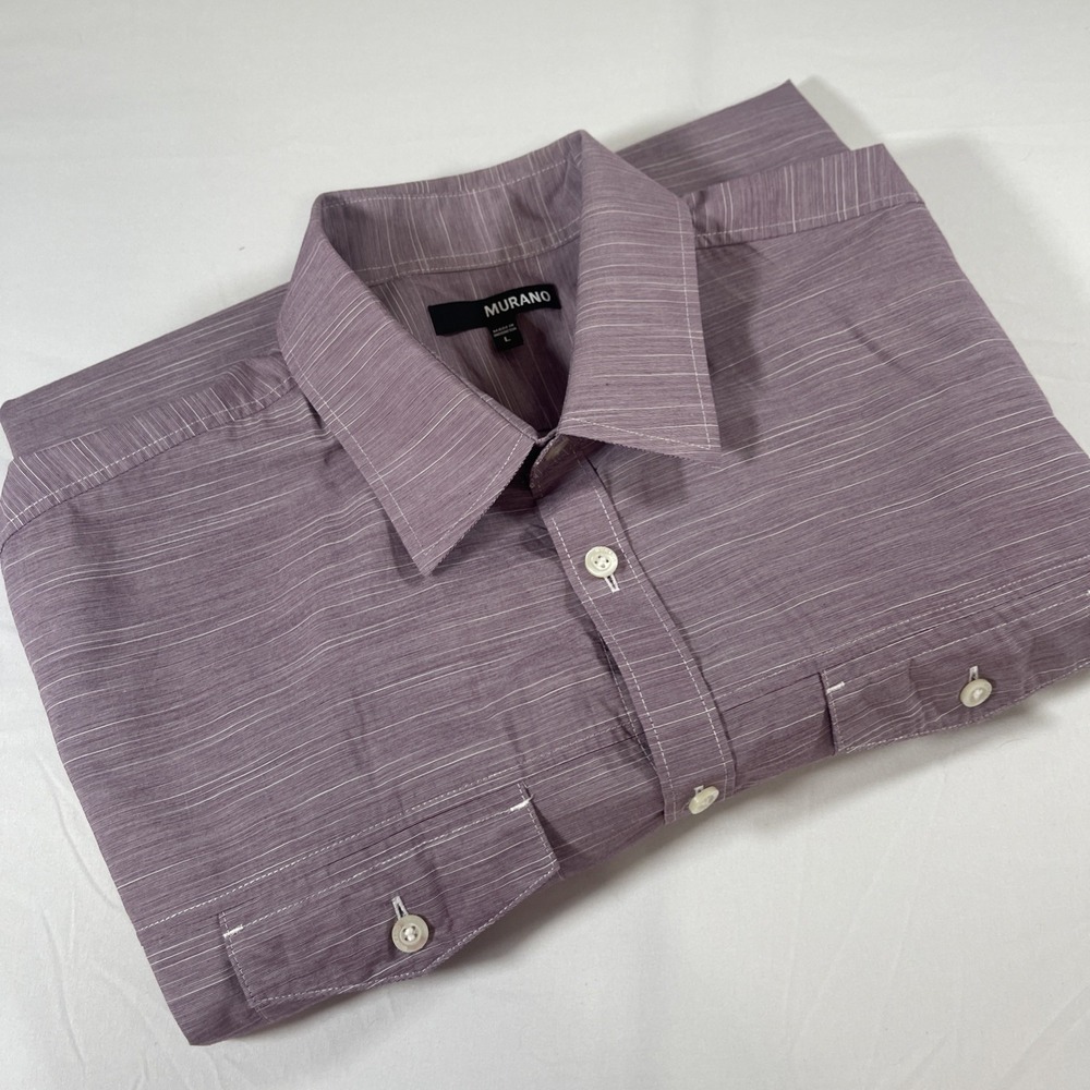 Murano Men's shirt button up collared front pockets rounded bottom purple Large